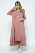 Load image into Gallery viewer, Long dress in white and pink, part of the Two Tone Rib Long Dress and Cardigan Set. Made in the USA from 96% rayon and 4% Spandex fabric, with a two-tone rib knit design and side pockets.