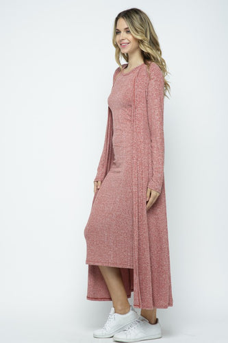 Two tone rib long dress and cardigan with side pockets set