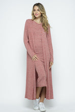Load image into Gallery viewer, Open-front cardigan in white and pink, part of the Two Tone Rib Long Dress and Cardigan Set. Made in the USA from 96% rayon and 4% Spandex fabric, featuring a loose, easy fit and side pockets.