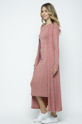 Two tone rib long dress and cardigan with side pockets set